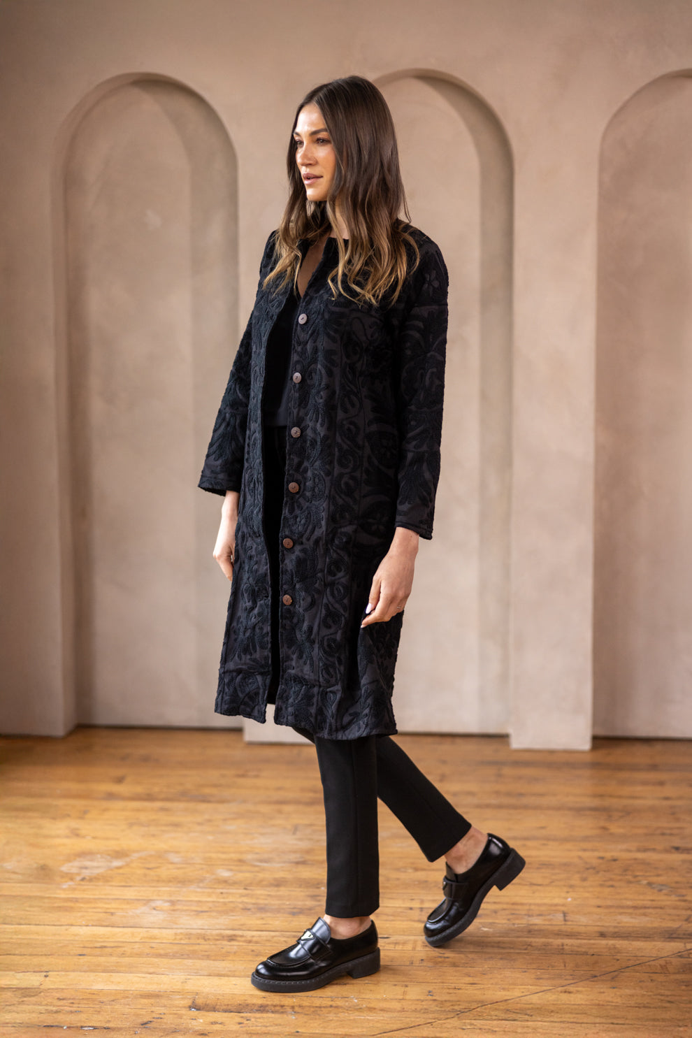 Malika Coats - Black with Black Embroidery