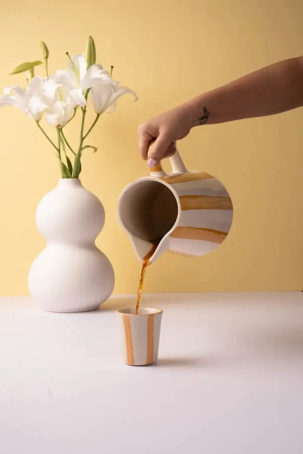 Ceramic Stripe Pitcher, Yellow- 8.25 X 8.25 X 8 Inches