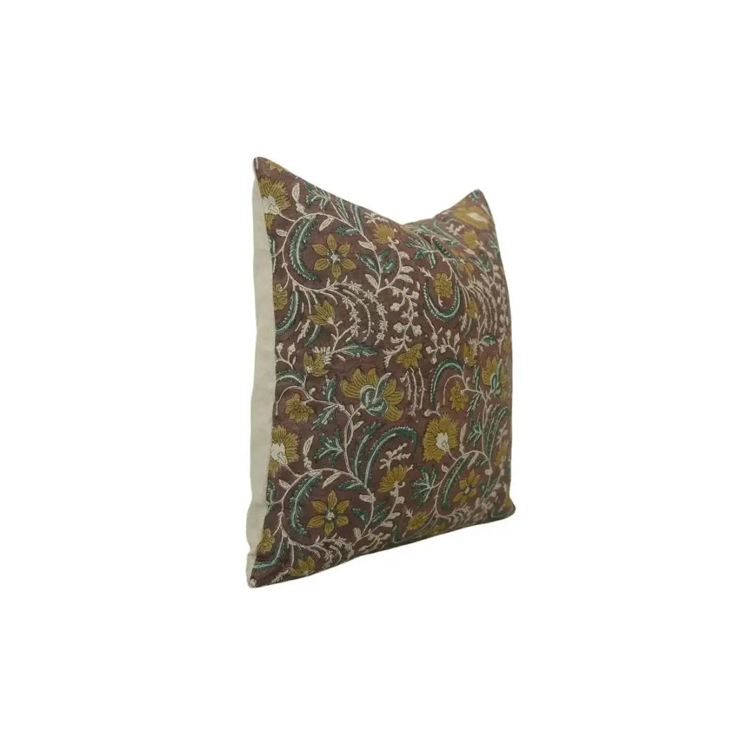Floral Hand Block Print Boho Pure Linen Pillow Cover- Kundanvan
