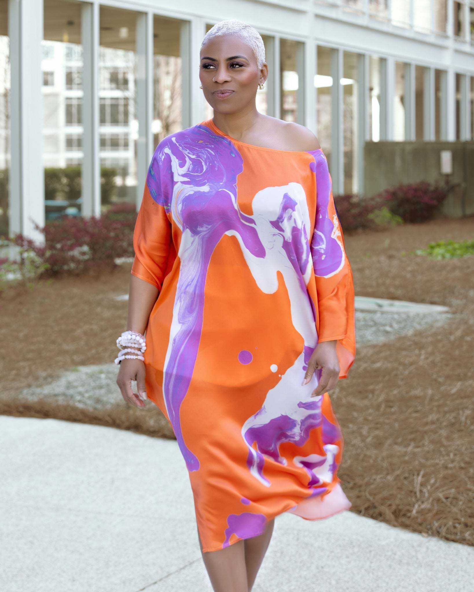 Orange Purple Marble Dolman Sleeve Dress