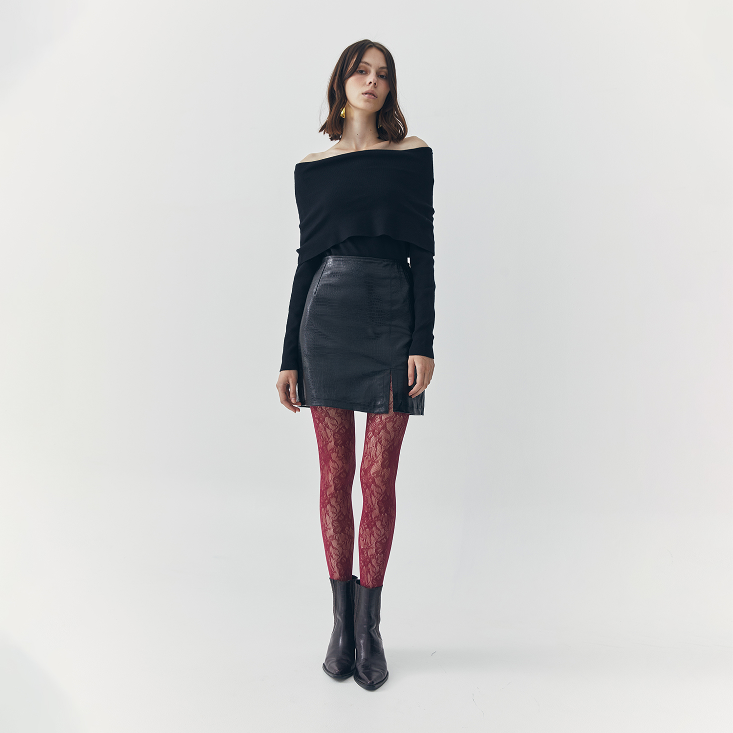 TESS BLACK CROC EMBOSSED LEATHER MINI SLIT SKIRT