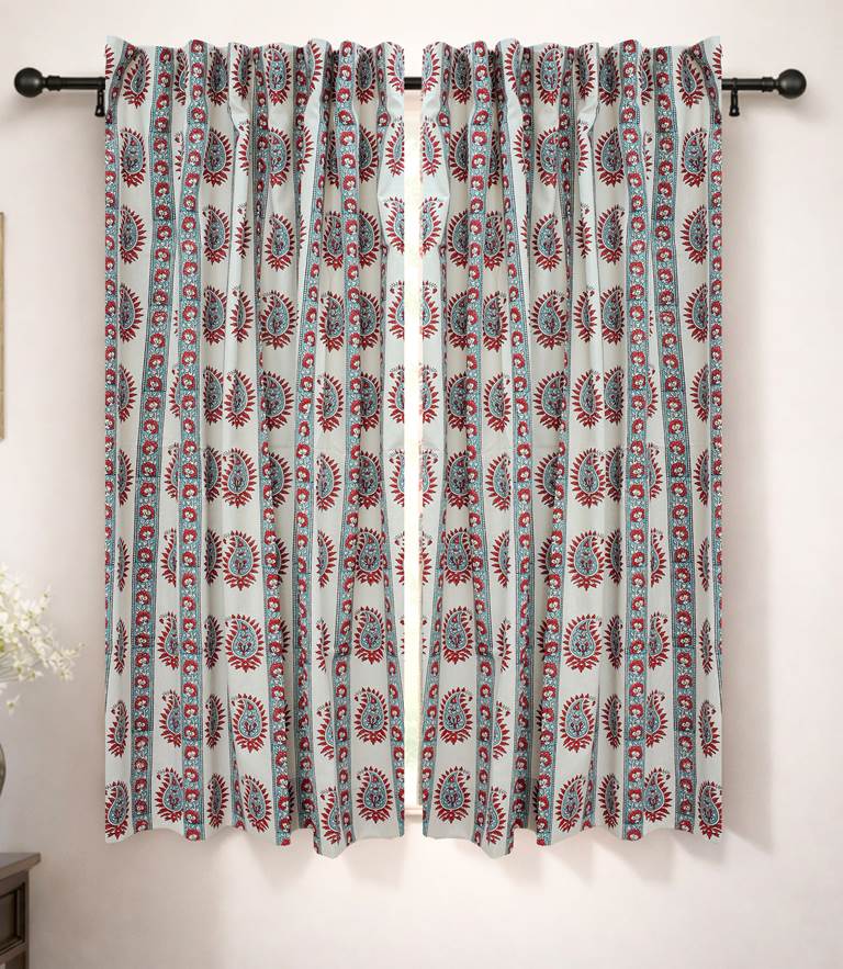 Hand Block Print Viscose Colored Linen Curtain Red Boho Drape - Lakshita