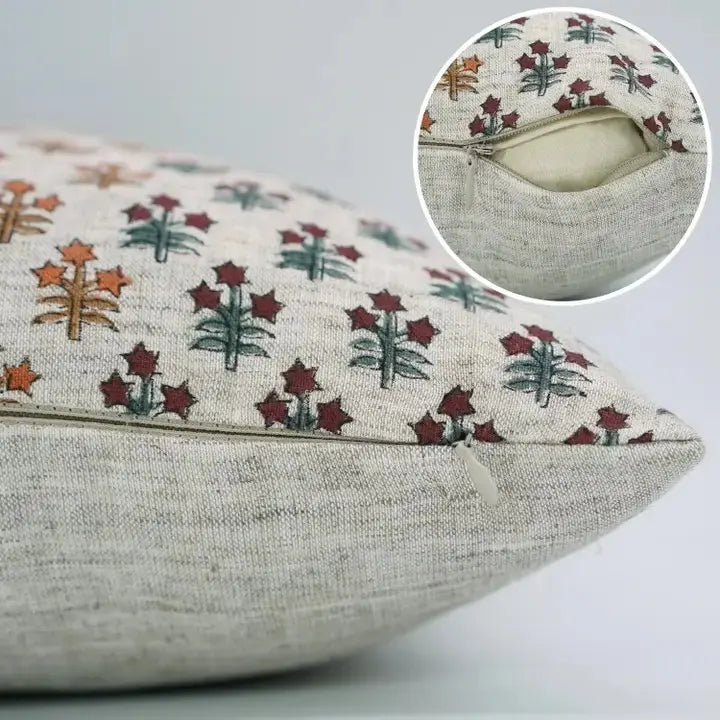 Artfully Hand Block Print Desgin Viscose Linen Cushion Cover - Kesariya