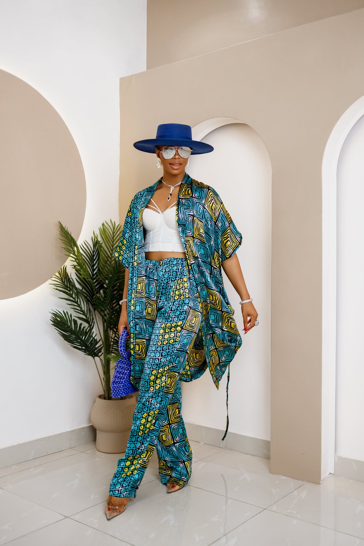 Aniobi Ankara Silk Co-ord Set – Chic African Kimono & Wide-Leg Trousers