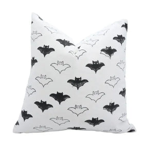 Hallowen Design  Handmade Block Print Thick Cotton White Pillow Cover - Bat