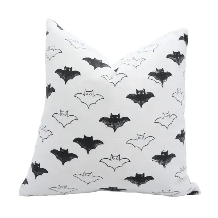 Hallowen Design  Handmade Block Print Thick Cotton White Pillow Cover - Bat