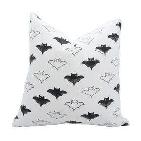 Hallowen Design  Handmade Block Print Thick Cotton White Pillow Cover - Bat