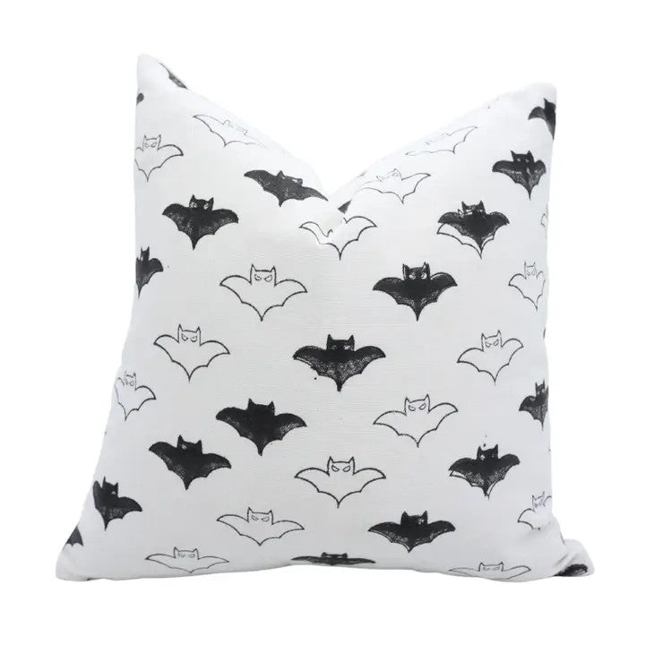 Hallowen Design  Handmade Block Print Thick Cotton White Pillow Cover - Bat