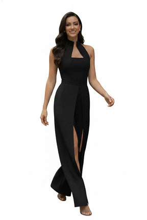 Black High-collar Slit-leg Jumpsuit