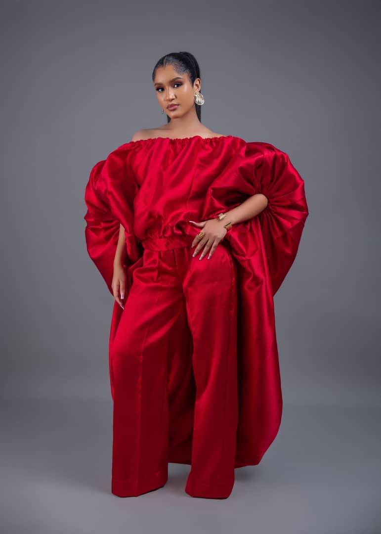 2-piece Kese red cape high low and wide leg pant set
