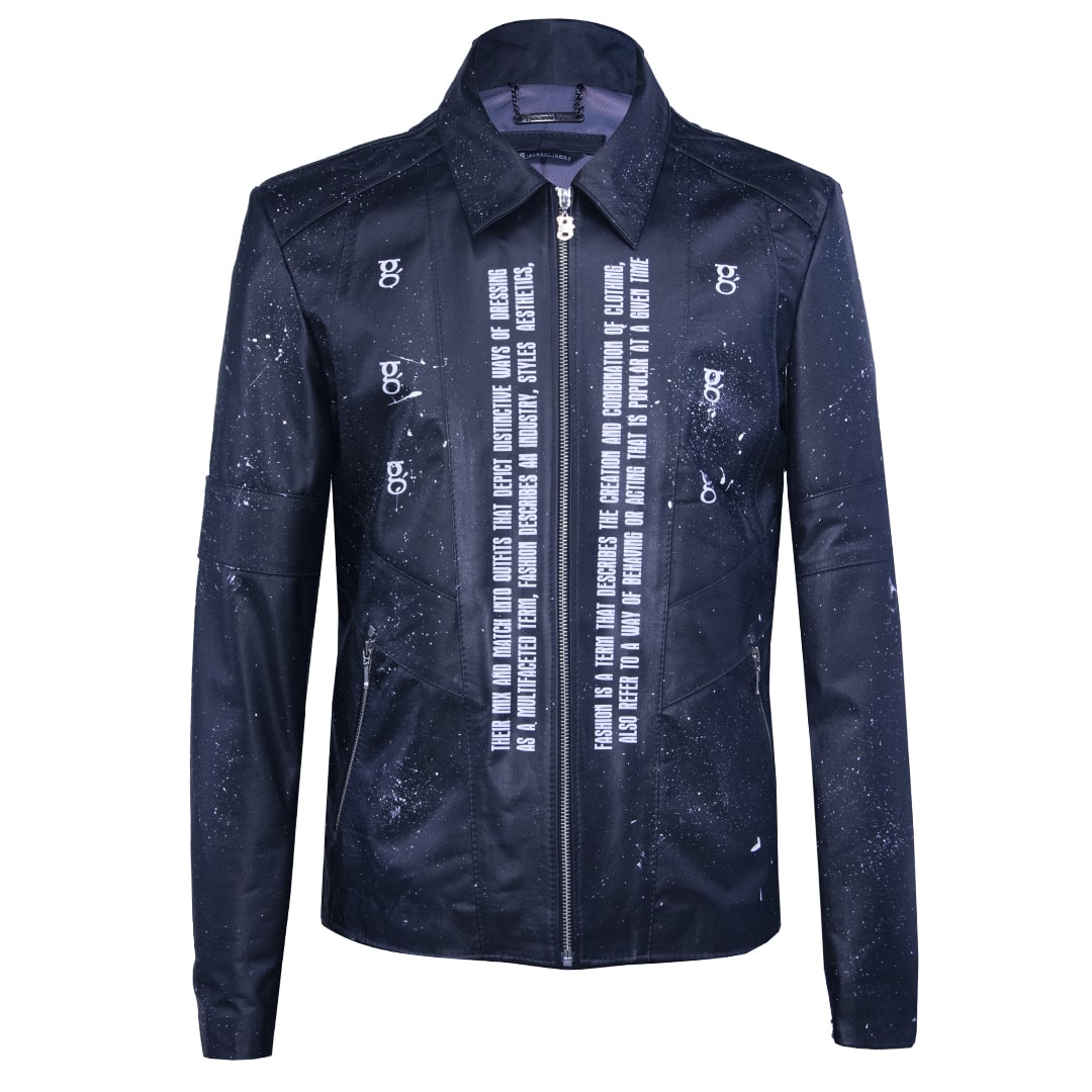 Black leather jacket with paint splatter and graphic details