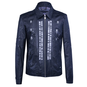 Black leather jacket with paint splatter and graphic details