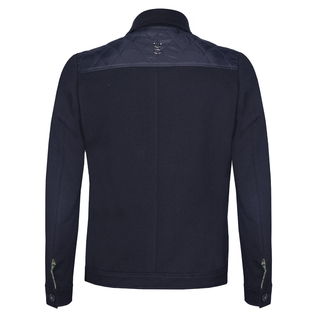 Black casual jean jacket featuring textile fabric combinations