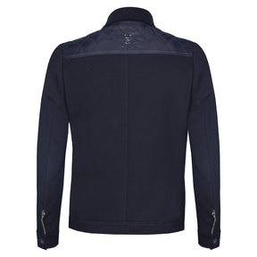 Black casual jean jacket featuring textile fabric combinations