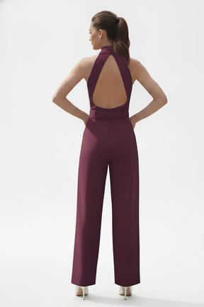Wine High-collar Jumpsuit – Gold Buckle