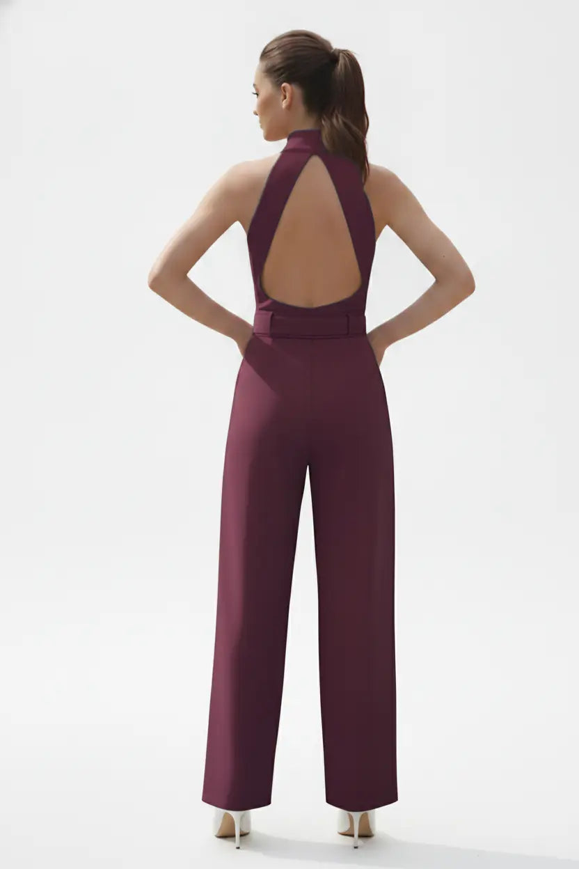 Wine High-collar Jumpsuit – Gold Buckle