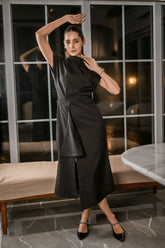 Black One-shoulder Draped Midi Dress