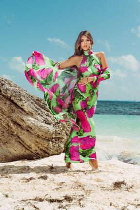 Green Magenta Blocks High Neck Bias Cut Dress