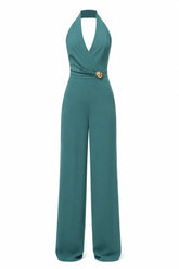 Sea-green Halter Jumpsuit – Gold Brooch