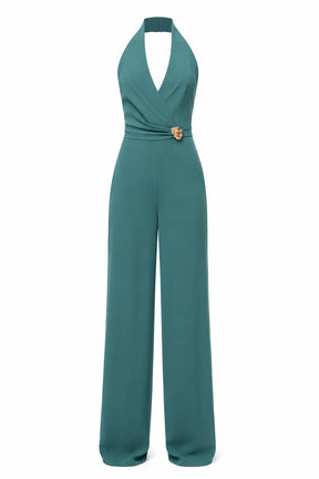 Sea-green Halter Jumpsuit – Gold Brooch
