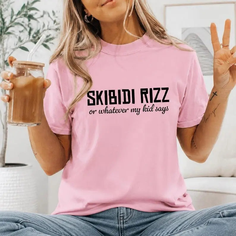 Skibidi Rizz Or Whatever My Kid Says Funny Mom Typography Graphic T-Shirt | Light Pink Gen Alpha Slang Cotton Tee