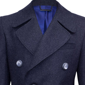 Dark grey double-breasted coat with wide lapels.