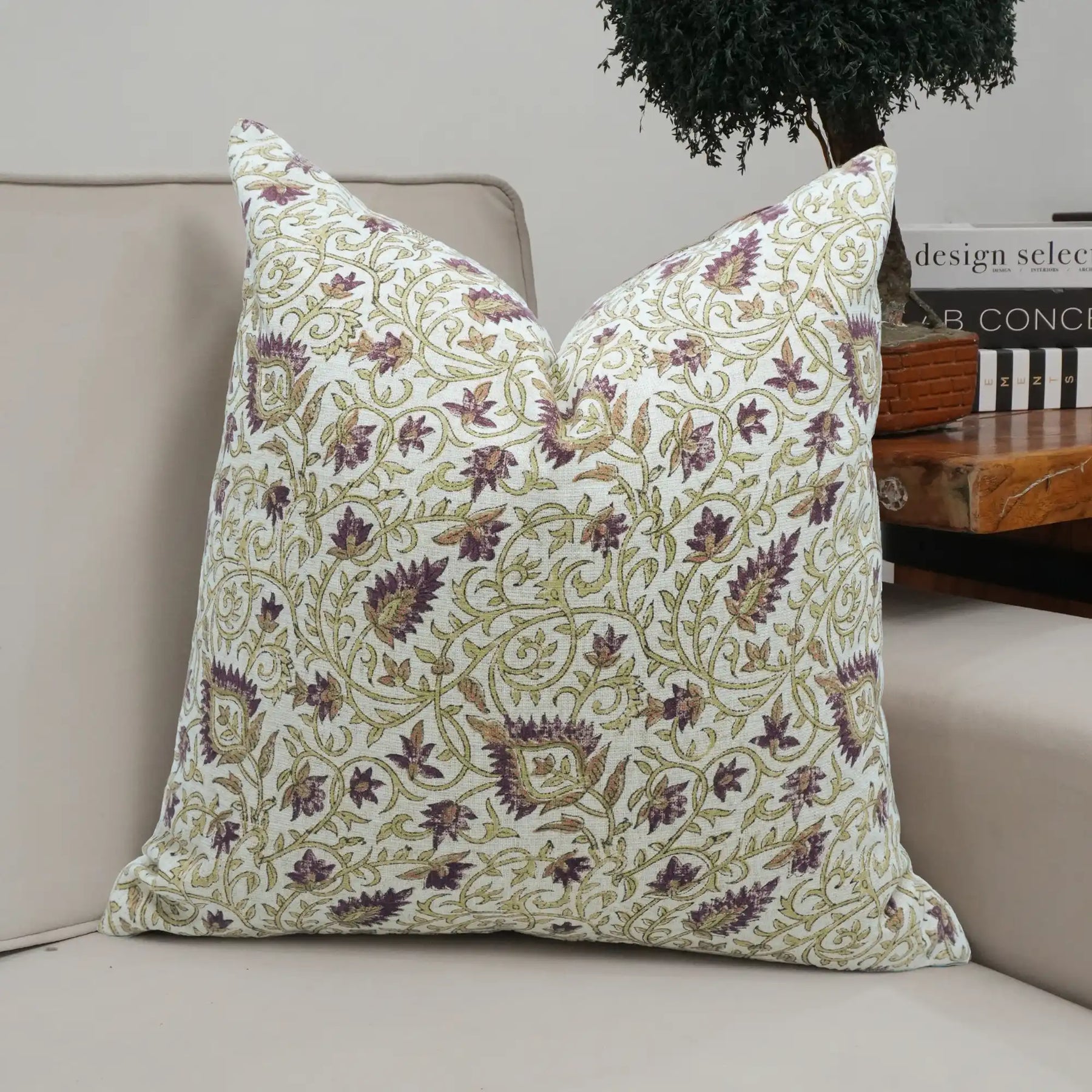 Hand Block Print Heavy Viscose Linen Throw Pillow Cover - Hawamahal