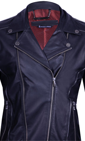 Black Biker-Style Leather Jacket with Bold Zipper Accents
