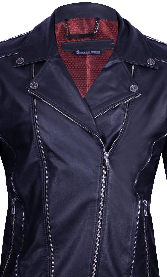 Black Biker-Style Leather Jacket with Bold Zipper Accents