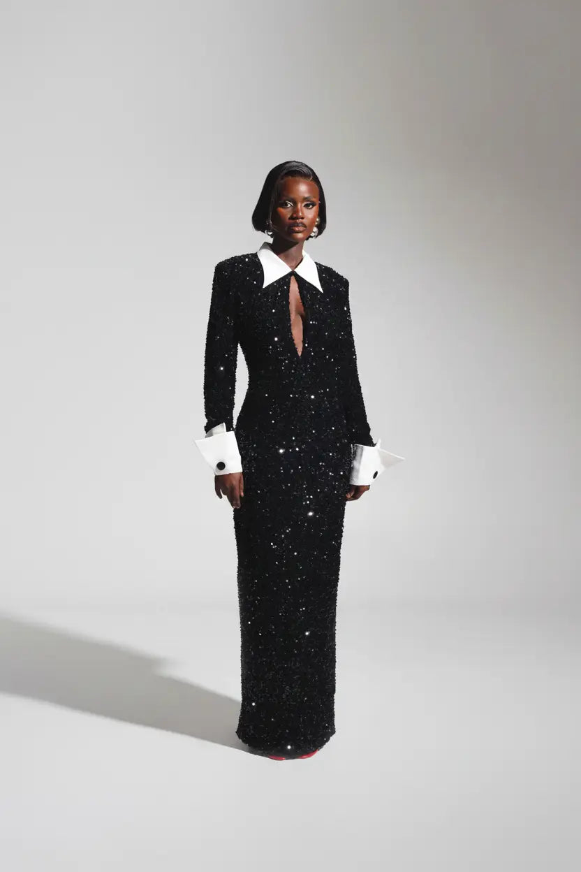 Kali Keyhole Sequin Maxi Dress In Onyx