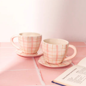 Handmade Cute Ceramic mug & Coaster Set - Plaid, 2.5 Inches