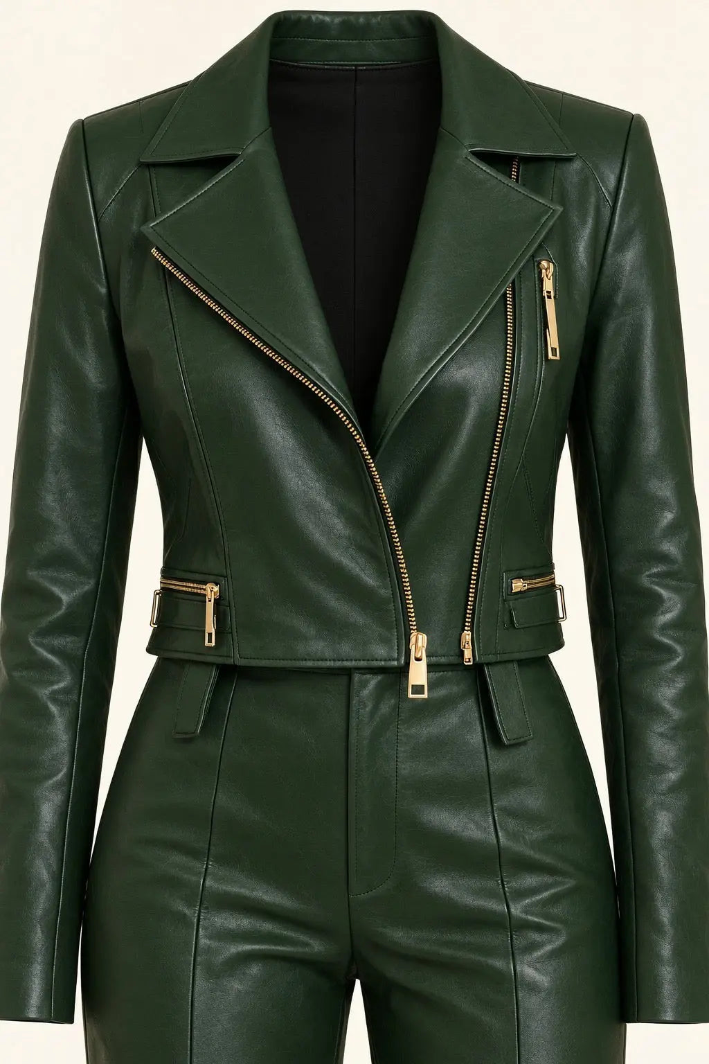 Dark Green Leather Biker Jacket with Wide-Leg Trousers