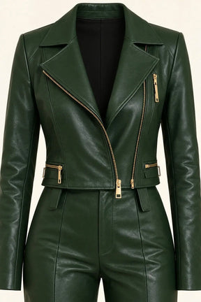 Dark Green Leather Biker Jacket with Wide-Leg Trousers