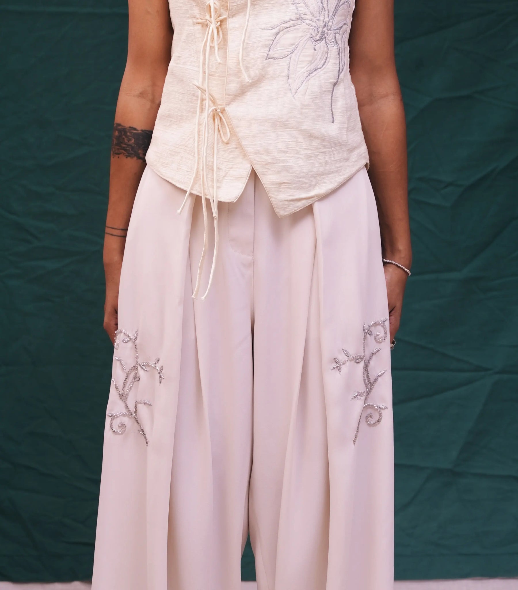 Ornamented Off-white Flared Pant