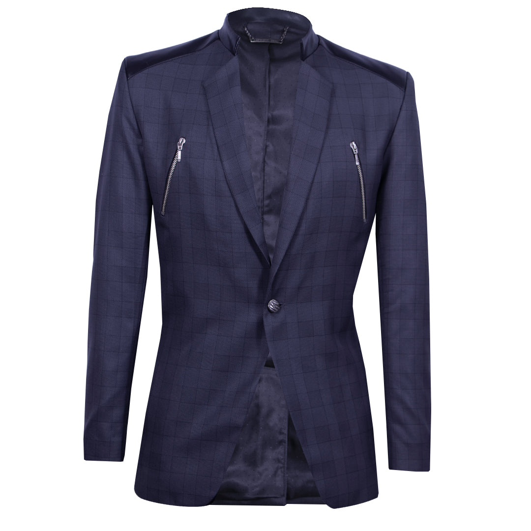 Gray checkered blazer with synthetic trim and zippers