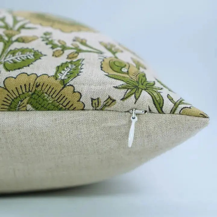 Decorative Hand-Block Printed Design Pure Linen Pillow Cover - Sunflower