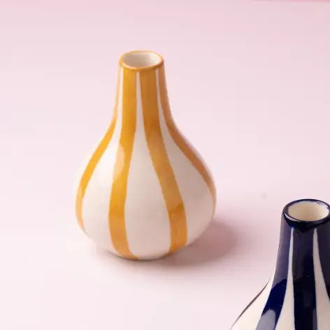 Ceramic Stripe  bud vase, Yellow-  3.5 x 3.5 x 4.75 Inches