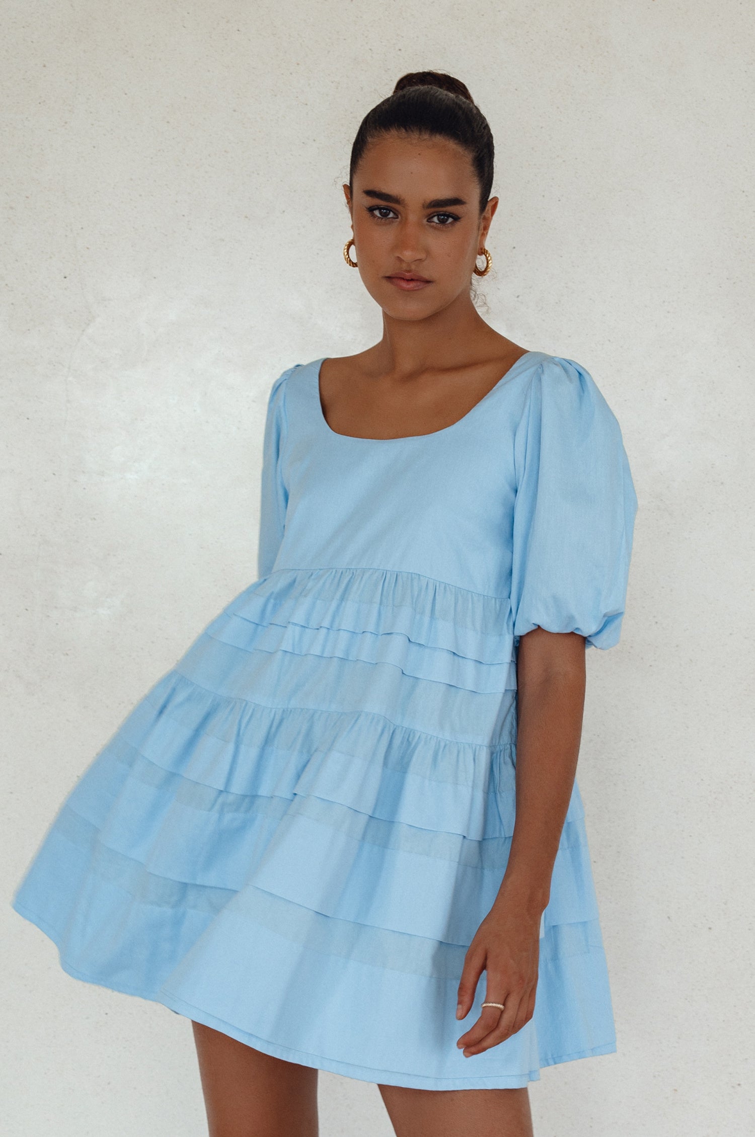 Andrea Babydoll Cotton Mini Dress - Light Blue