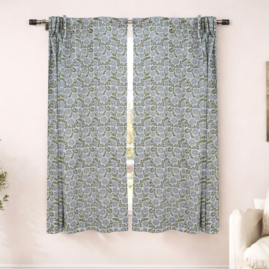 Bohemian Gray Floral Handmade Linen Curtain - Nature Block Print Window Panel | Rajat     