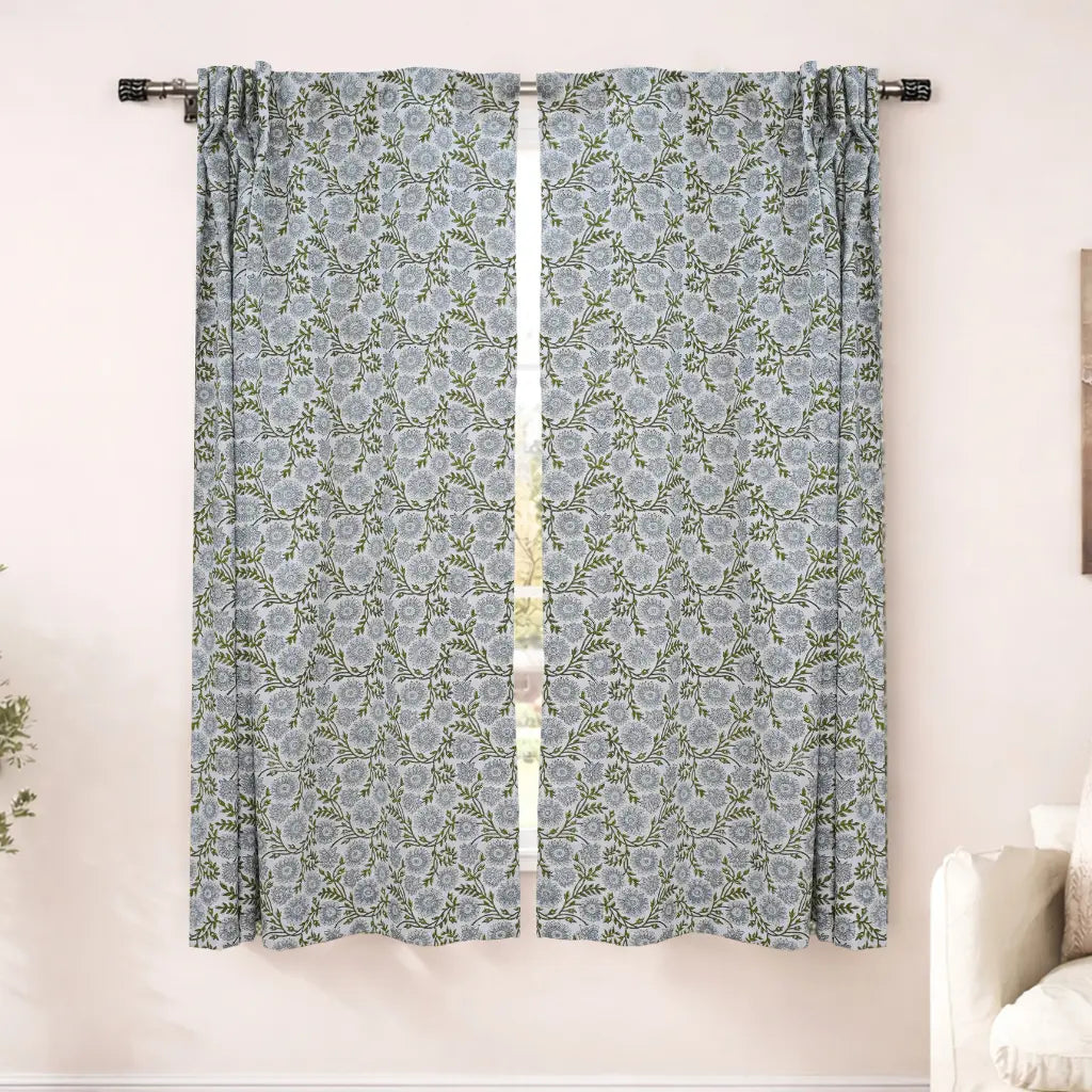 Bohemian Gray Floral Handmade Linen Curtain - Nature Block Print Window Panel | Rajat     