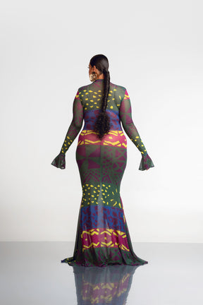 ANU GREEN LONG SLEEVE MAXI MESH DRESS