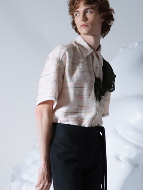 Green-stoled Pink Tweed Boxy Short Shirt