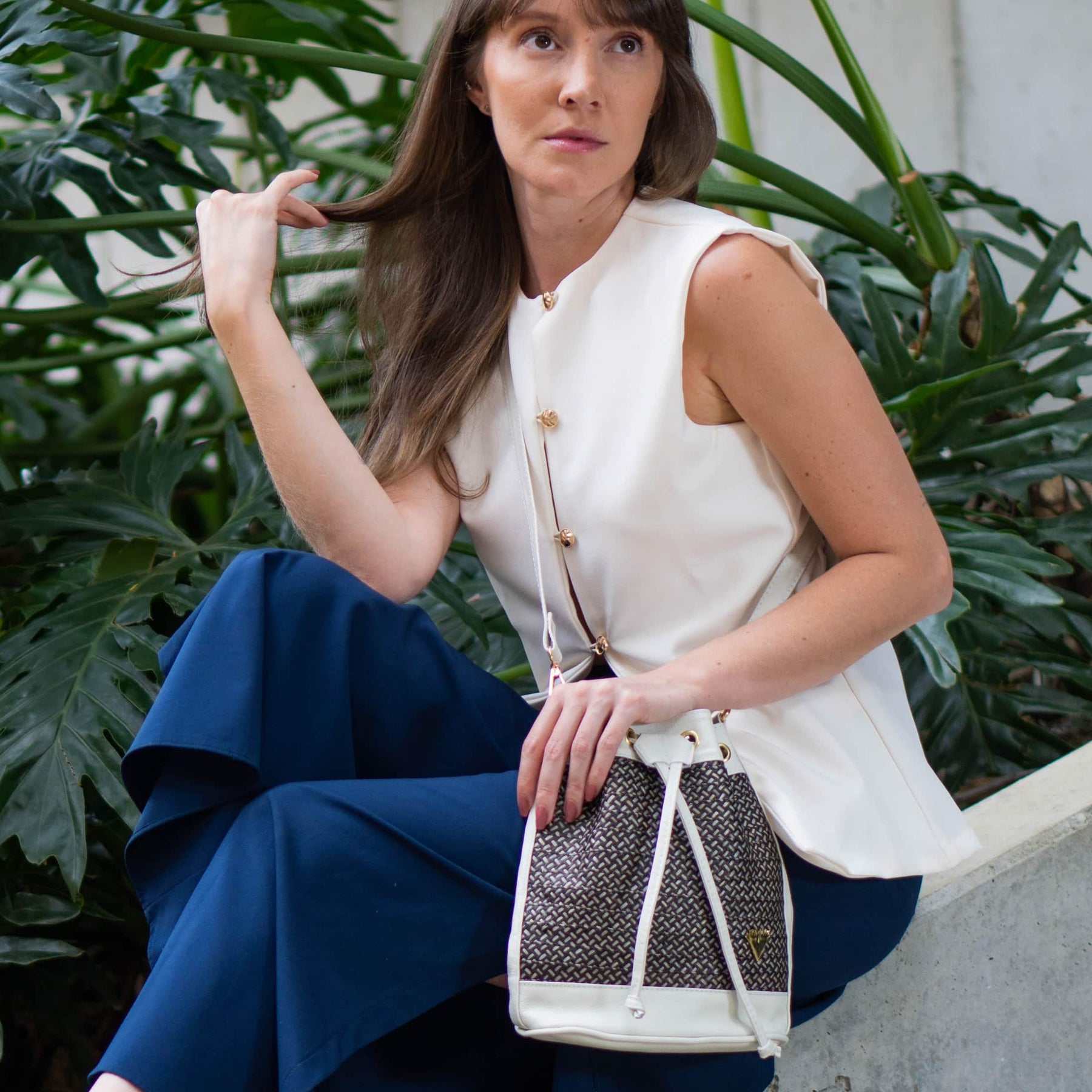 Beige Leather Bucket Terra Bag – Handmade Crossbody & Handbag, Ethical Palm Weave Bucket bag for Women