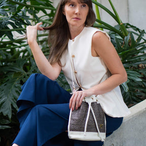 Beige Leather Bucket Terra Bag – Handmade Crossbody & Handbag, Ethical Palm Weave Bucket bag for Women