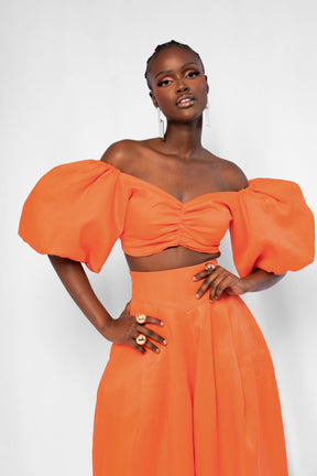 Linen SKYE Puffy Sleeve Crop Top in Orange