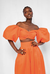 Linen SKYE Puffy Sleeve Crop Top in Orange
