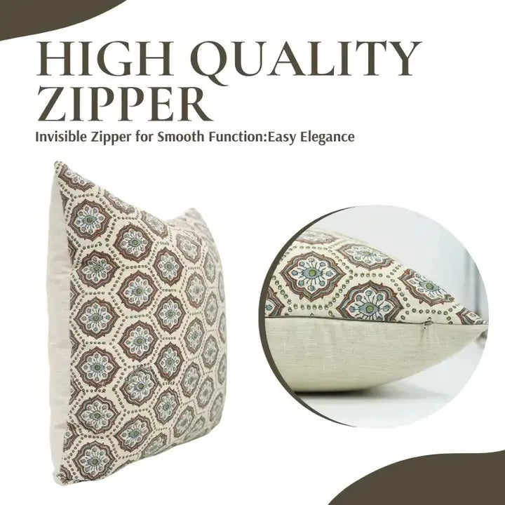 Bohemian Block Print Linen Blend Pillow Cover - Charkha
