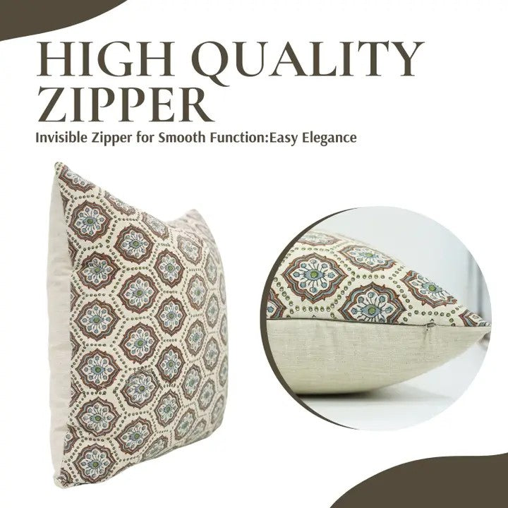 Bohemian Block Print Linen Blend Pillow Cover - Charkha