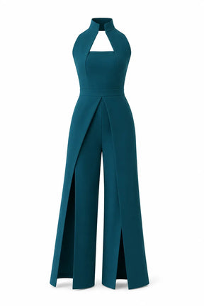 Teal High-collar Slit-leg Jumpsuit