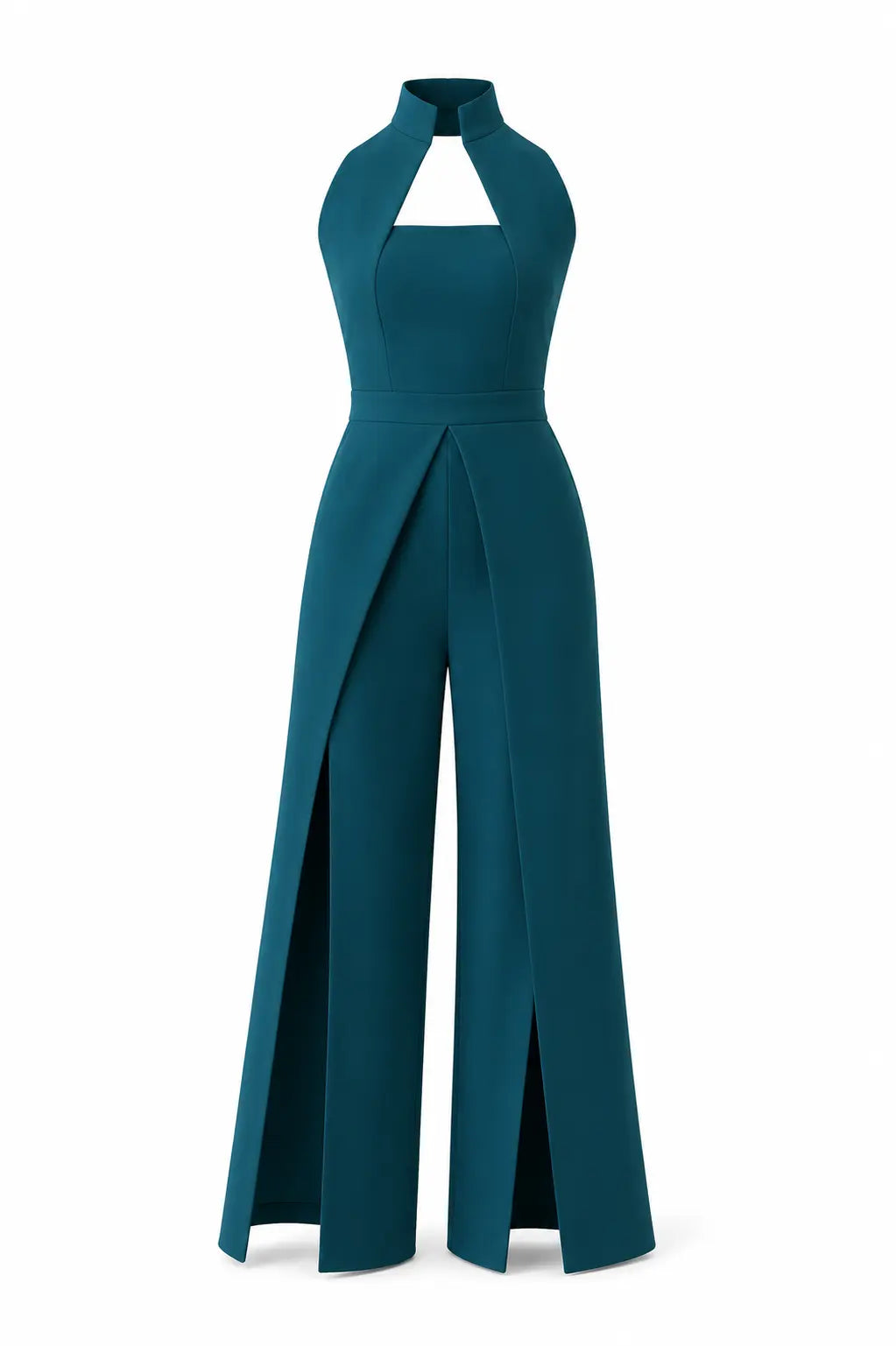 Teal High-collar Slit-leg Jumpsuit